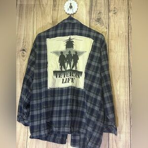 NWT UpCycled Graphic Flannel Veteran themed Graphic Flannel size Large
